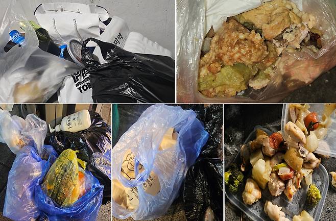음식물쓰레기와 같이 버려진 일반쓰레기. 김광우 기자.