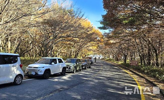 [제주=뉴시스] 임재영 기자 = 한라산국립공원 주차료를 내년 1월1일부터 인상하면서 도로변 주차에 대해서는 대체 교통수단, 버스 증차 등의 별다른 대책을 내놓지 않아 접근성에 문제가 발생할 것으로 보인다. 지난달 15일 단풍철을 맞아 영실탐방로 주차장 이외 도로변에 주차한 장면이다. 2025.12.09. ijy788@newsis.com