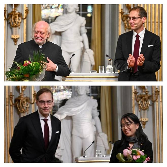 올해 노벨 문학상 수상자로 ‘노벨상 연설’을 한 헝가리 작가 크러스너호르커이 라슬로(위 왼쪽), 지난해 수상 작가로 연설을 한 작가 한강(아래 오른쪽). 그들과 각각 함께 선 스웨덴 한림원 마츠 말름 상임 사무처장. AP·로이터 연합뉴스