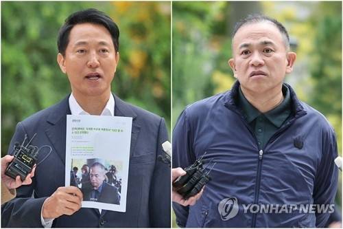 ▲ 오세훈 서울시장(왼쪽)과 정치브로커 명태균 씨가 8일 ‘여론조사비 대납 의혹’을 수사하는 민중기 특별검사팀의 사무실이 마련된 서울 KT광화문빌딩 웨스트에 조사를 받기 위해 출석하고 있다. 연합뉴스