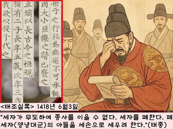 1418년 6월3일 국왕의 중대결단을 조상에게 고하는 대사건이 종묘에서 펼쳐졌다. 세자를 충녕대군(세종)으로 교체한 사건이다. 세자(양녕대군)의 가없는 기행 및 난행을 참다 못한 태종은 이날 폐세자 교서를 발표했다.