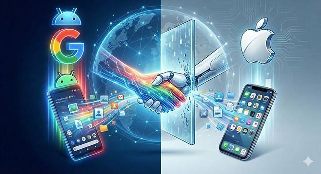 구글의 AI 챗봇 제미나이 나노바나나로 그린 구글과 애플의 플랫폼 협력 관련 이미지. 사진은 기사의 이해를 돕기 위해 AI로 생성된 이미지. 재판매 및 DB 금지. (사진=제미나이) *재판매 및 DB 금지