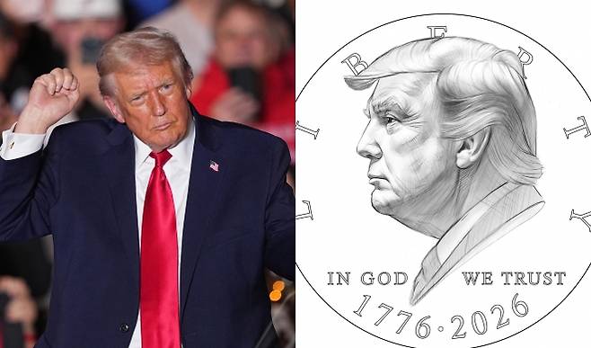 도널드 트럼프 미국 대통령이 2025년 12월 9일(현지시간) 펜실베이니아주 마운트 포코노의 마운트에어리 카지노 리조트 유세에서 연설을 마친 뒤 음악에 맞춰 손짓하고 있다(왼쪽). 오른쪽은 SNS에서 확산된 미국 독립 250주년 기념 1달러 주화 디자인 초안. AP 연합뉴스·엑스 계정(@TreasurerBeach)