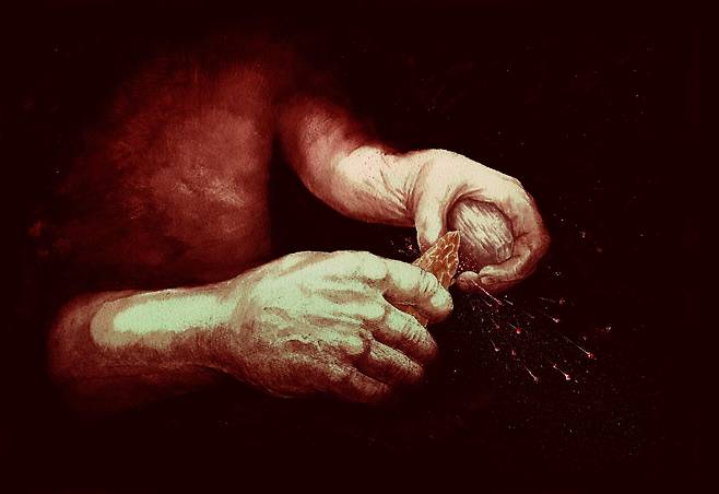 40만 년 전 네안데르탈인이 황철석을 돌도끼에 부딪혀 불씨를 만드는 모습의 상상도./영국 대영박물관