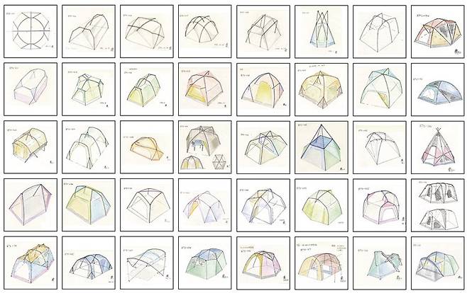 알루미늄 텐트 폴 제조로 시작한 라제건 회장은 끊임없이 소재를 혁신하고 디자인을 개발해 세계적인 텐트 구조 전문가가 됐다. 그가 손으로 그린 초기 스케치들.
