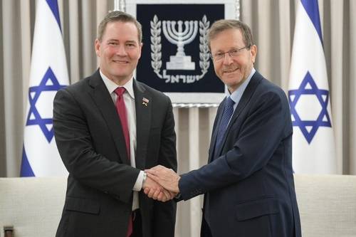 마이크 왈츠 주유엔 미국대사(왼쪽), 이츠하크 헤르조그 이스라엘 대통령 [이스라엘 정부 공보국(GPO) 제공. 재판매 및 DB 금지]