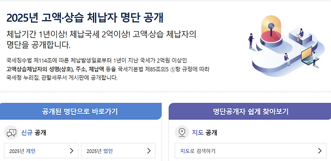 국세청이 12일 고액·상습체납자 1만1009명의 명단을 공개했다. 국세청 홈페이지 화면 갈무리
