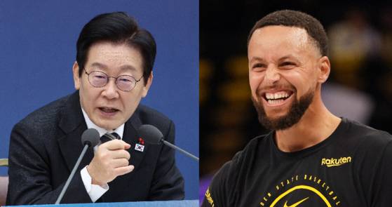President Lee Jae Myung, left, and NBA star player Stephen Curry [JOINT PRESS CORPS/REUTERS/YONHAP]