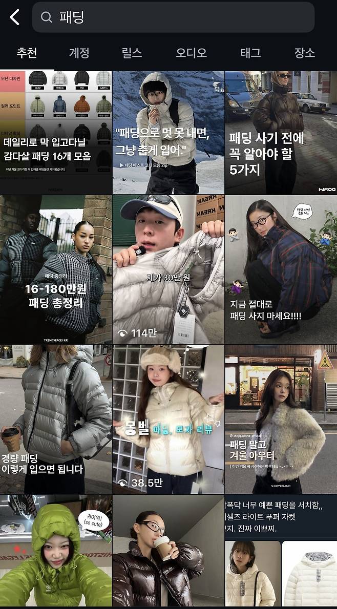 인스타그램에서 ‘패딩’을 검색하면 다양한 색상의 패딩 리뷰가 게시돼 있다. 인스타그램 캡처