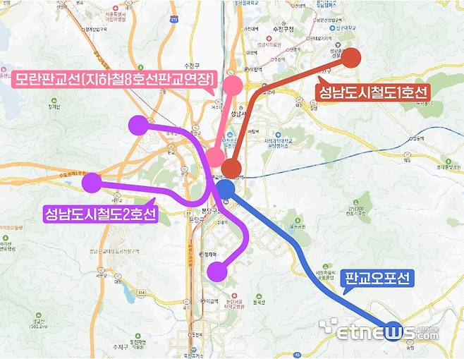 경기도 도시철도망 구축계획에 반영된 성남시 4개 도시철도 노선.