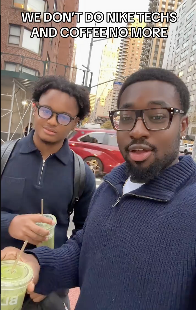 TikToker Jason Gyamfi posted a video declaring that “life changes” when you swap out Nike tech fleece and coffee for a quarter-zip sweater and iced matcha. (TikTok)