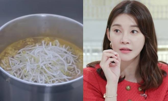 차예련이 끓인 ‘숙주 라면’(왼쪽)과 차예련. 유튜브 채널 ‘차예련 chayeryun’ 캡처, KBS2 제공