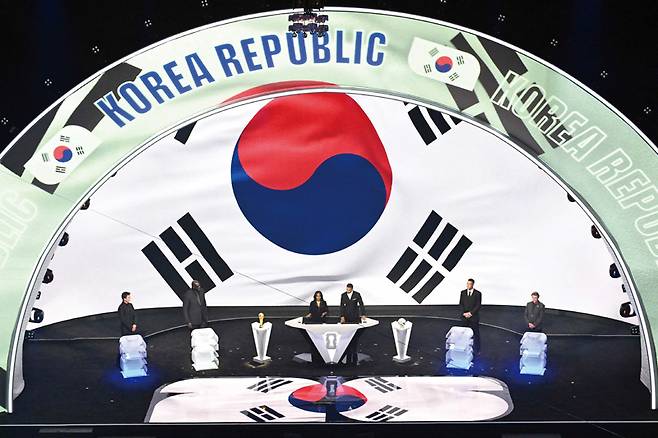 12월5일 미국 워싱턴DC 케네디센터에서 열린 2026년 FIFA 월드컵 조추첨 행사에서 대한민국 국기가 스크린에 표시되고 있다. ⓒAFP 연합