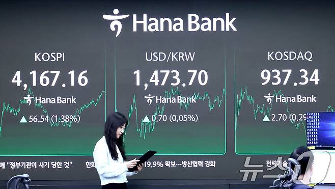 12일 오후 서울 중구 하나은행 딜링룸 전광판에 코스피와 코스닥 종가와 원달러환율이 표시되고 있다. 2025.12.12/뉴스1 ⓒ News1 장수영 기자