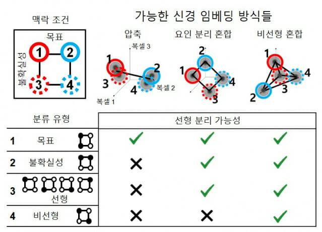 전두엽의 목표와 환경의 불확실성 정보 표상의 위상구조(위)와 인간은 목표와 불확실성 정보를 독립적으로 처리한 결과.(그림=KAIST)