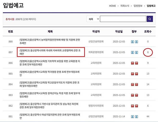 지난 10일 오후 5시께 울산시의회 누리집의 입법예고 게시글 갈무리.