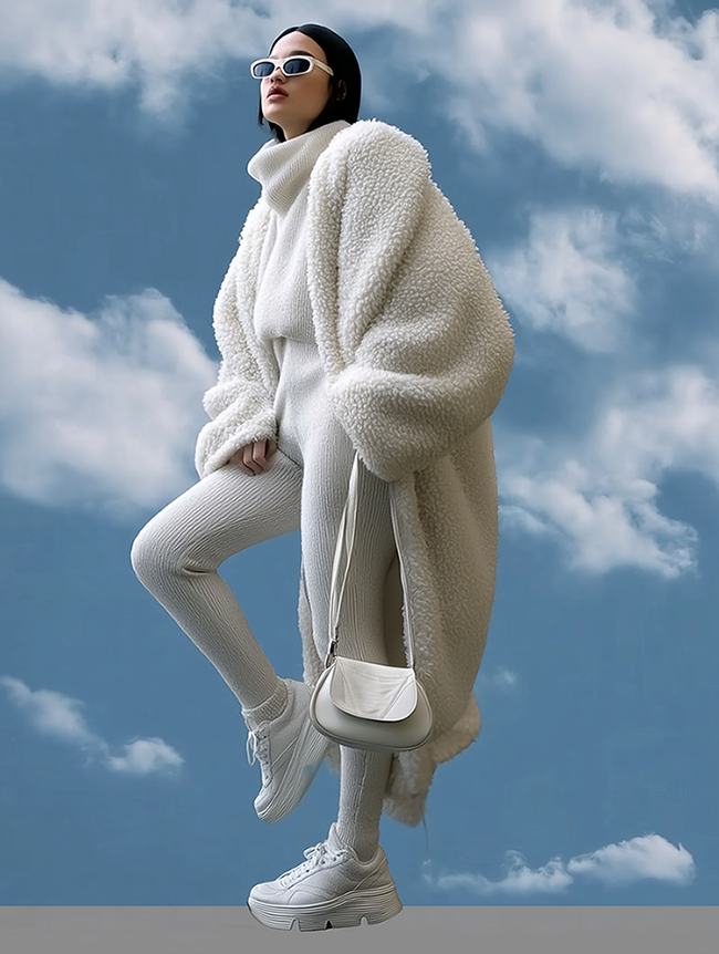 A model wearing apparel in Cloud Dancer, Pantone Color of the Year for 2026 (Pantone Color Institute)