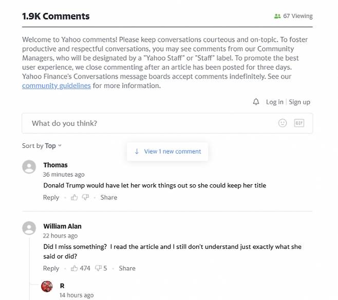 미국 야후뉴스에 게재된 피플 기사 댓글창. 일부 이용자는 “트럼프 대통령이었다면 그녀가 타이틀을 유지할 수 있게 했을 것”(Thomas), “기사를 다 읽었는데도 도대체 무슨 말을 했다는 건지 모르겠다”(William Alan) 등 반응을 남겼다. 2025년 12월 13일(현지시간) 갈무리.