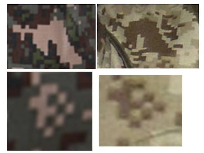 한국군이 착용하는 디지털 픽셀 전투복(왼쪽)과 2021년 북한 열병식에서 포착된 인민군 전투복의 디지털 픽셀 무늬. /국방부, 북한 조선중앙통신