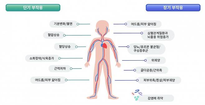 전신 스테로이드 사용과 관련된 다양한 단기 및 장기 부작용. 질병관리청 제공