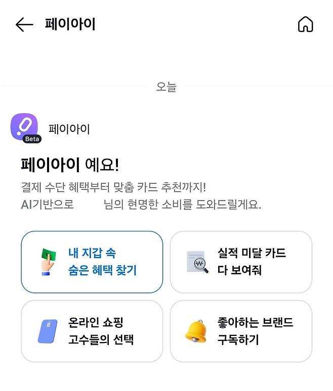 카카오페이의 생성형 AI 서비스 브랜드 ‘페이아이’의 서비스 ‘AI로 나만의 혜택 찾기. 사진=카카오페이