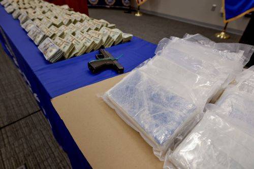 미국 국토안보부 태스크포스(TF)가 지난달 조지아주에서 벌인 단속 과정에서 압수한 펜타닐과 현금, 권총 등. EPA연합뉴스