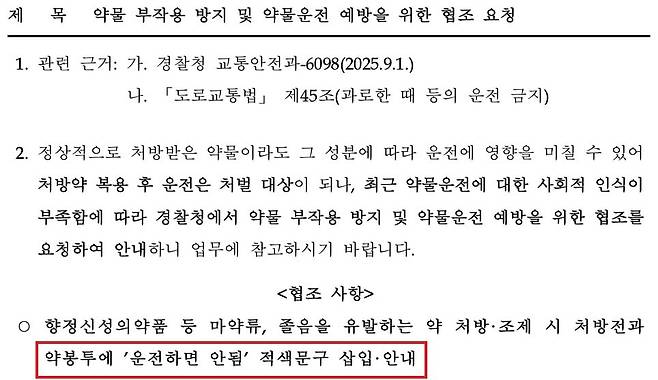경찰청이 운전 중 약물 부작용 방지를 위해, 대한의사협회 등에 보낸 협조공문. 향정신성의약품 등 마약류, 졸음을 유발하는 약을 처방·조제 할 경우, 처방전과 약봉투에 '운전하면 안됨' 적색문구를 삽입하는 것을 요청하고 있다. /대한병원협회