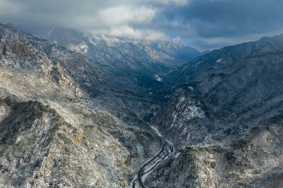 14일 강원에 쏟아진 폭설로 인해 하얗게 변한 설악산국립공원. 설악산 일대를 가로지르는 도로를 따라 ASF 울타리가 설치돼 있다. 사진 국립공원을지키는시민의모임