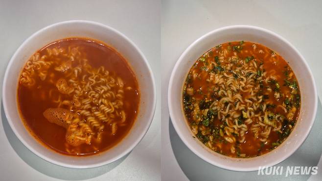 후첨 후레이크 넣기 전(왼쪽)과 후 비교. 이예솔 기자&nbsp;