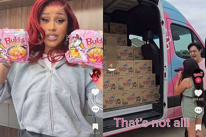 (왼쪽부터) 미국 래퍼 카디 비가 올린 까르보불닭볶음면 후기 영상과 삼양식품이 지난해 까르보불닭볶음면 ‘역조공’ 영상. [카디 비·삼양식품 불닭 공식 틱톡 계정 캡처