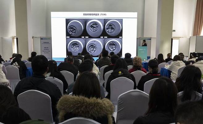 [뉴시스] 중국인과 기타 해외 고객을 대상으로 마케팅을 하는 캘리포니아의 대리모 중개업체 ACRC 글로벌은 해외 의료 목적의 이동을 주제로 한 베이징 의료·보건 박람회가 열린 지난 10월 행사장에서 부스를 운영했다. 박람회에서 전시된 배아 관련 슬라이드를 보는 관람객들. (사진 = WSJ 캡처) 2025.12.15. *재판매 및 DB 금지