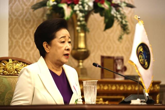 지난 4월 천원궁 박물관 그랜드 오프닝 행사 중 국제국회의장회의 의장단 접견식에서 한학자 총재가 발언하고 있다. 사진=가정연합