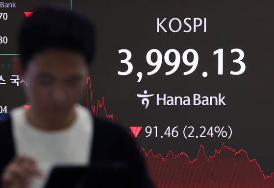 16일 서울 중구 하나은행 본점 딜링룸에 코스피 종가가 3999.13을 기록하고 있다. [뉴스1]
