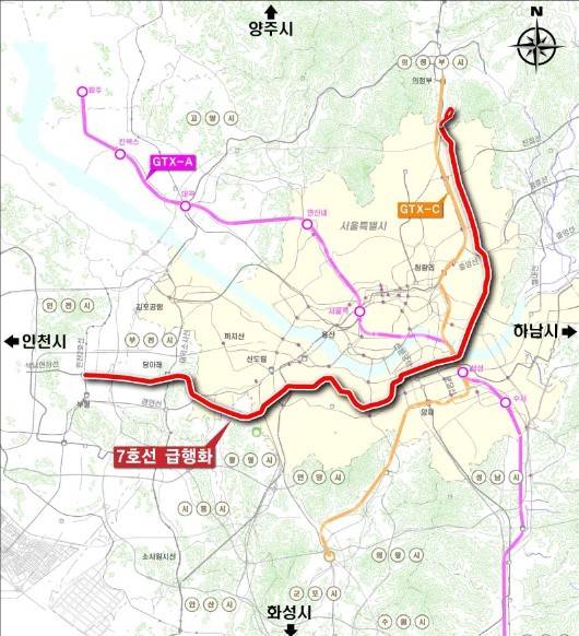 서울 7호선 급행화 노선도. <서울시 제공>