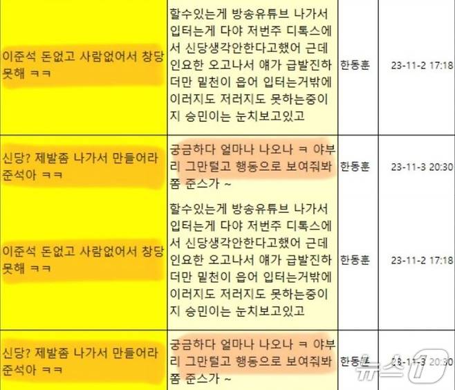 2023년 11월 한동훈 이름으로 국민의힘 당원게시판에 올라온 글. 당시 이준석 전 대표를 비방하는 내용이 주를 이루고 있다. (SNS 갈무리) ⓒ 뉴스1