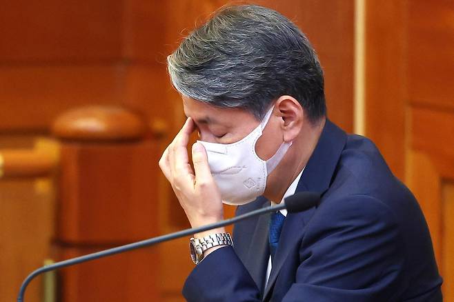 조지호 경찰청장이 9월 30일 오후 서울 종로구 헌법재판소 대심판정에서 열린 탄핵심판 사건 2차 변론기일에 출석해 자리하고 있다. 2025.09.30 뉴시스