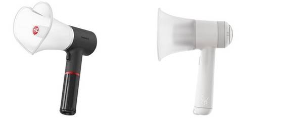 Light sticks of boy band The Boyz, left, and rock band QWER, right, that have similar megaphone designs [SCREEN CAPTURE]