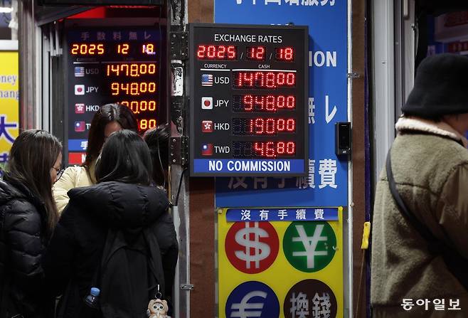18일 외국인 관광객들이 즐겨 찾는 서울 중구 명동의 환전소 거리 전광판에 주요 환율 시세가 표시돼 있다. 변영욱 기자 cut@donga.com