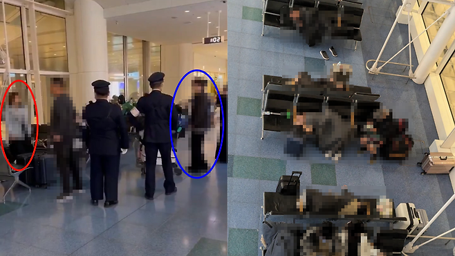 일본 하네다 공항서 중국인이 대만인에 “대만은 중국 땅”이라며 난동을 부린 사건이 일어났다. 빨간색 원이 중국 관광객, 파란색 원이 대만 관광객. X @Byron_Wan