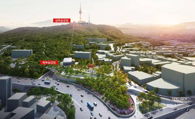 지하철 4호선 명동역에서 남산 정상까지 5분 만에 갈 수 있는 남산 곤돌라 조감도. 서울시 제공