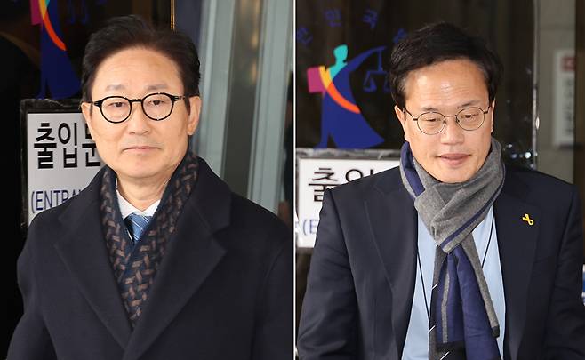 국회 '패스트트랙 충돌' 사건에 연루된 더불어민주당 박범계(왼쪽)·박주민 의원이 19일 서울 양천구 서울남부지법에서 열린 1심 선고 공판을 마치고 법원을 나서고 있다. 2025.12.19 [사진=연합뉴스]