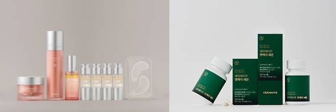 세라젬 NK 라인업 화장품 ‘셀루닉 엔케이 액티베이터’(왼쪽)와 건강기능식품 ‘세라메이트 엔케이 세븐’./제공=세라젬