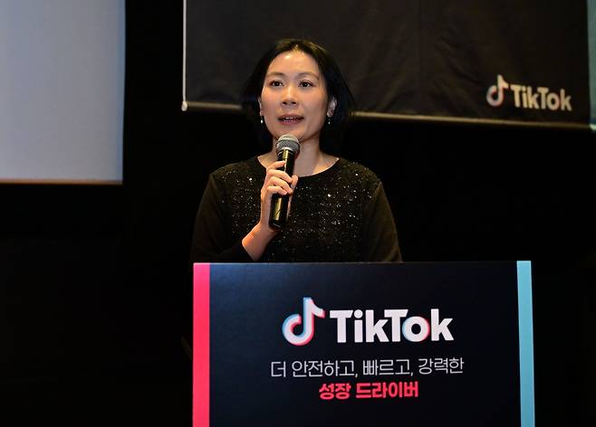 Yang Soo-young, outreach and partnerships manager for TikTok’s Northeast Asia Trust and Safety team, speaks at the 2025 TikTok Media Day in Seoul on Thursday. (TikTok Korea)