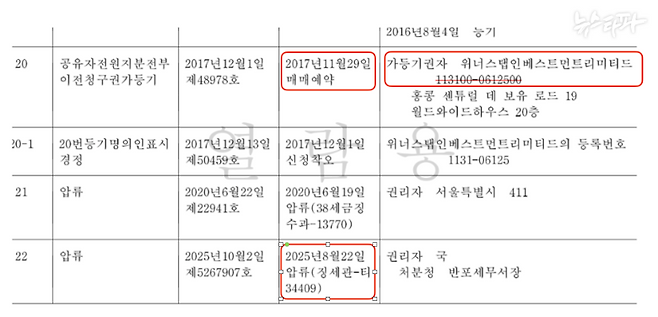 권혁 일가가 소유한 문수언 사찰의 등기부 등본. 국세청이 압류를 걸기 전 위너스텝이라는 홍콩 회사가 매매예약을 이유로 가등기를 걸어두었다.
