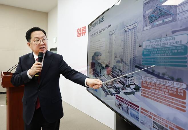 이장우 대전시장이 19일 2025년 도시재생사업 국가시범지구로 선정된 대덕구 오정 지구 사업계획을 설명하고 있다. 대전시 제공