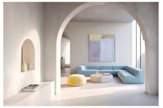 흰색 벽을 통해 공간 분위기를 개방감 있게 연출하고 부드러운 파스텔톤 가구로 취향을 살린 인테리어. [사진 팬톤 컬러 연구소]