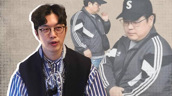 40대 남성 지승렬 씨 뒤로 춤추는 AI로 형상화한 영포티 남성이 있다
