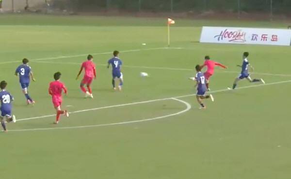 대한민국 U-15 대표팀 명성준 한-일전 선제골 득점 장면. 중계화면