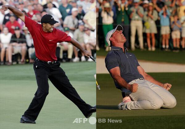 사진은 타이거 우즈가 2005년 미국프로골프(PGA) 투어 메이저 대회 마스터스 토너먼트에서 우승한 순간과 로리 맥길로이가 2025년 메이저 대회 마스터스 토너먼트에서 우승한 순간의 모습이다. 사진제공=ⓒAFPBBNews = News1 (사진을 무단으로 사용하지 마십시오.)