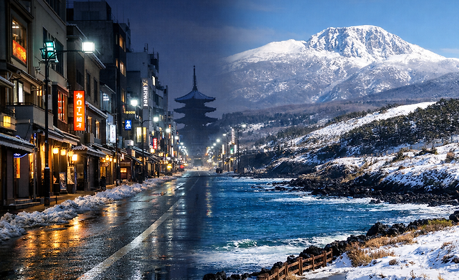 교토 도심의 겨울 거리와 한라산 설경이 대비되는 장면. 외교 변수에 흔들린 관광의 흐름과, 선택의 기로에 선 제주의 현재를 시각적으로 보여준다.